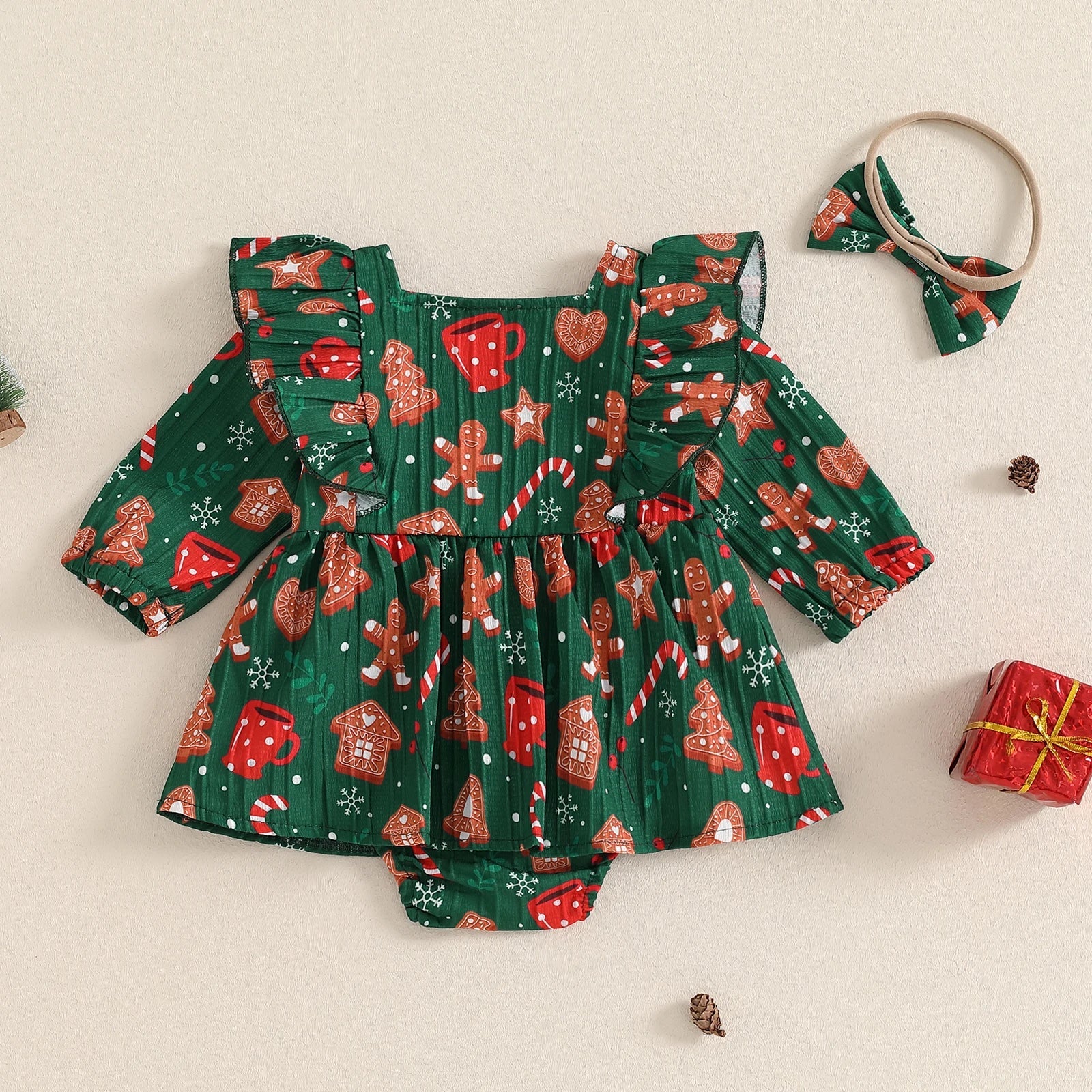 KMK - Christmas Tree Gingerbread Man Romper + Headband