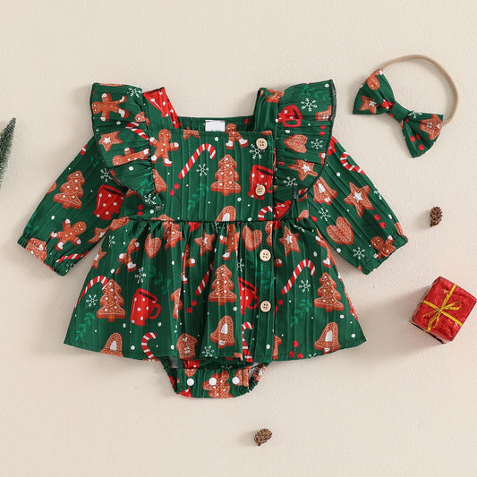 KMK - Christmas Tree Gingerbread Man Romper + Headband