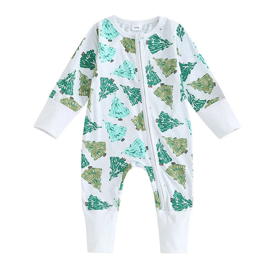 KMK - Christmas Tree Print Long Sleeve Footed Jumpsuit