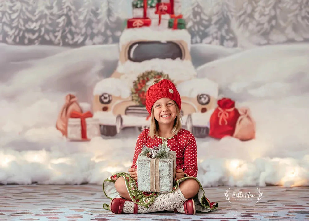 KMK - Christmas White Car Snowflake Photography Backdrop