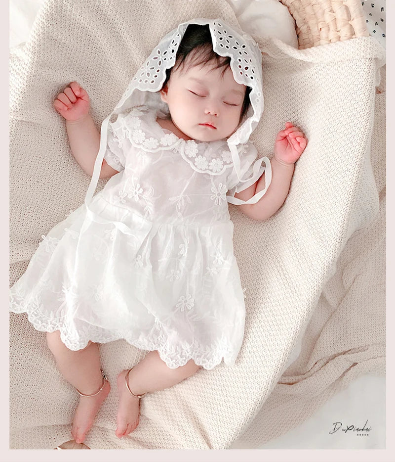 KMK - Cotton Lace Romper With Cap 2pcs Set