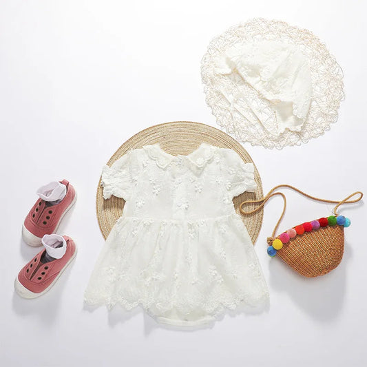 KMK - Cotton Lace Romper With Cap 2pcs Set