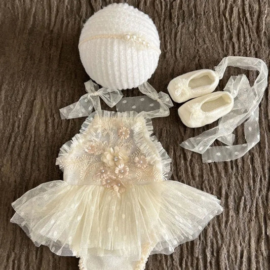 KMK - Cream 3 piece newborn romper