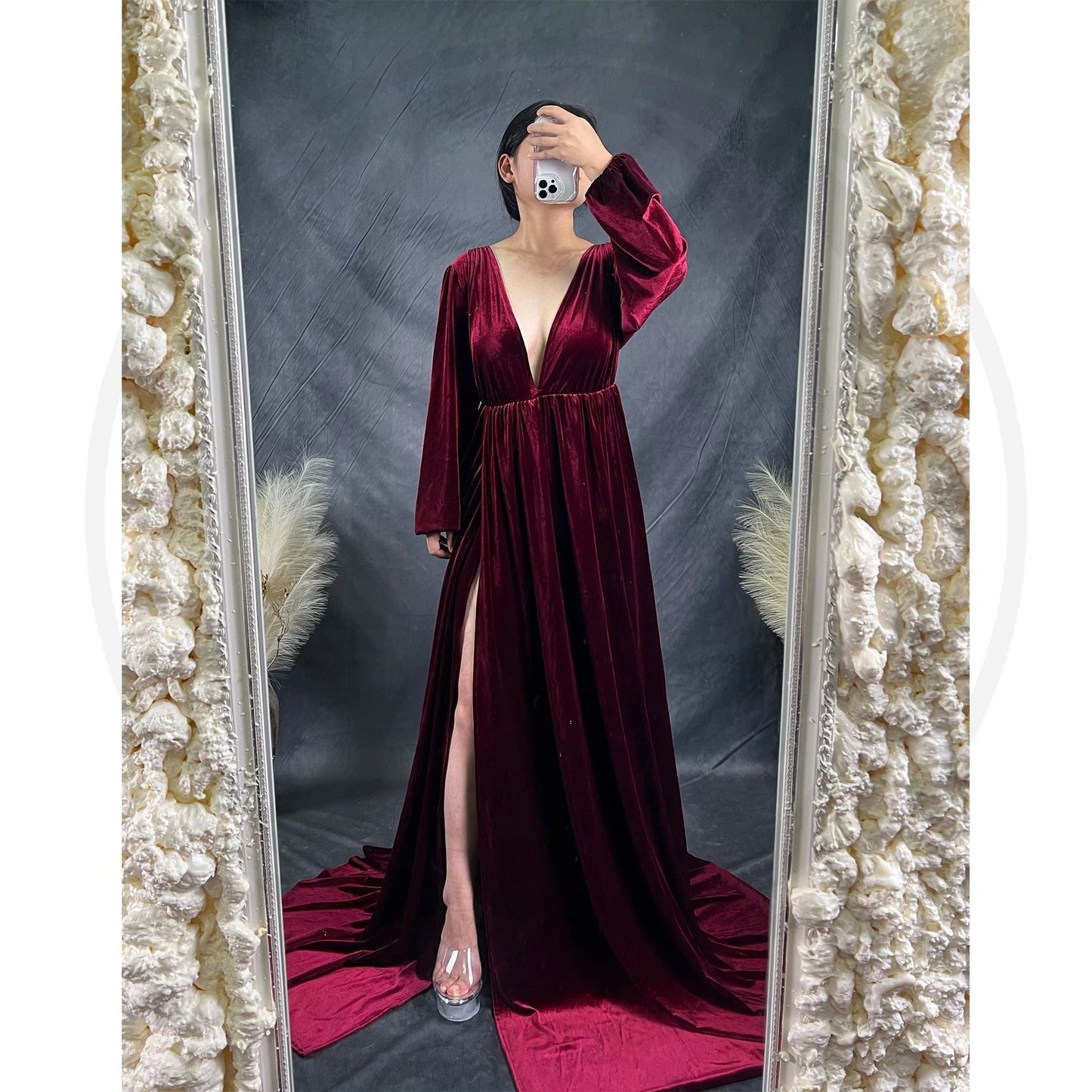 KMK - Deep V-neck Front Slit Velvet Maternity Gown