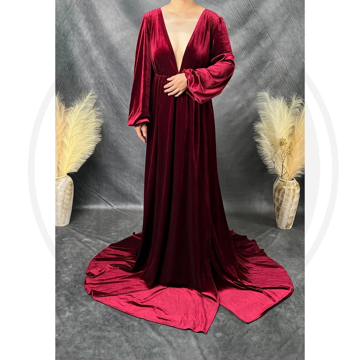 KMK - Deep V-neck Front Slit Velvet Maternity Gown