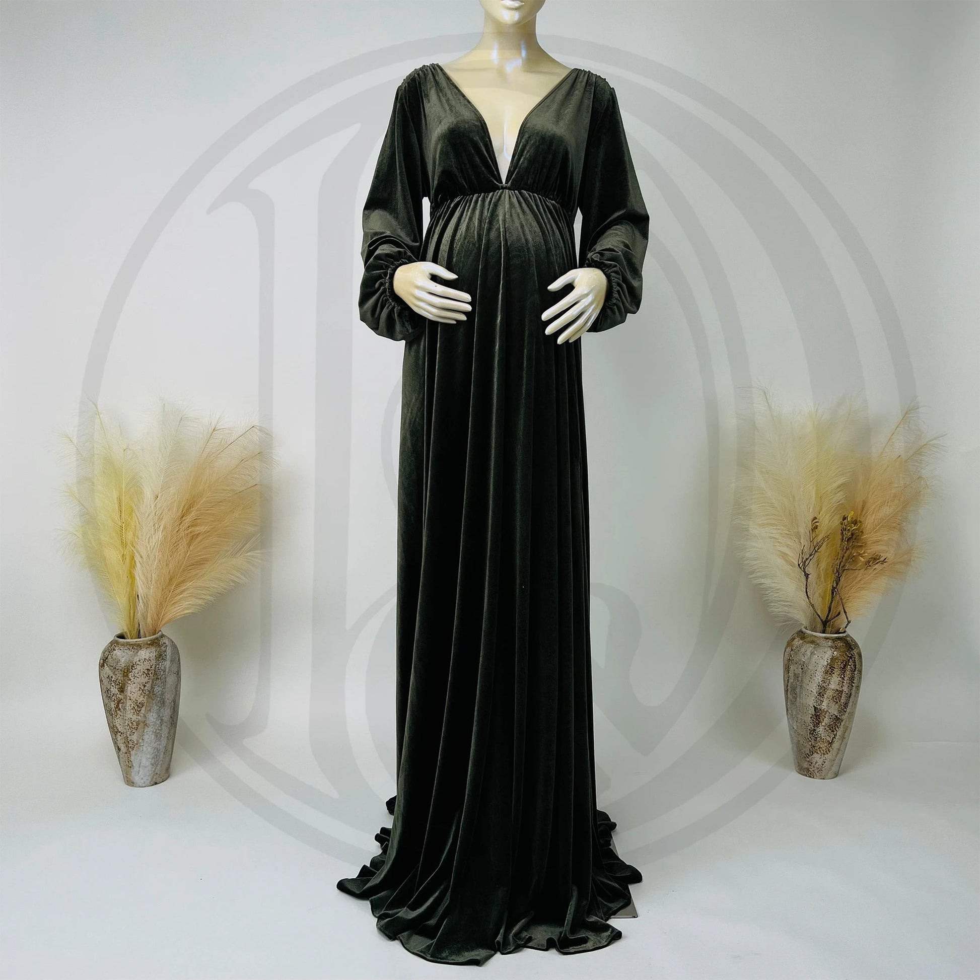 KMK - Deep V-neck Front Slit Velvet Maternity Gown