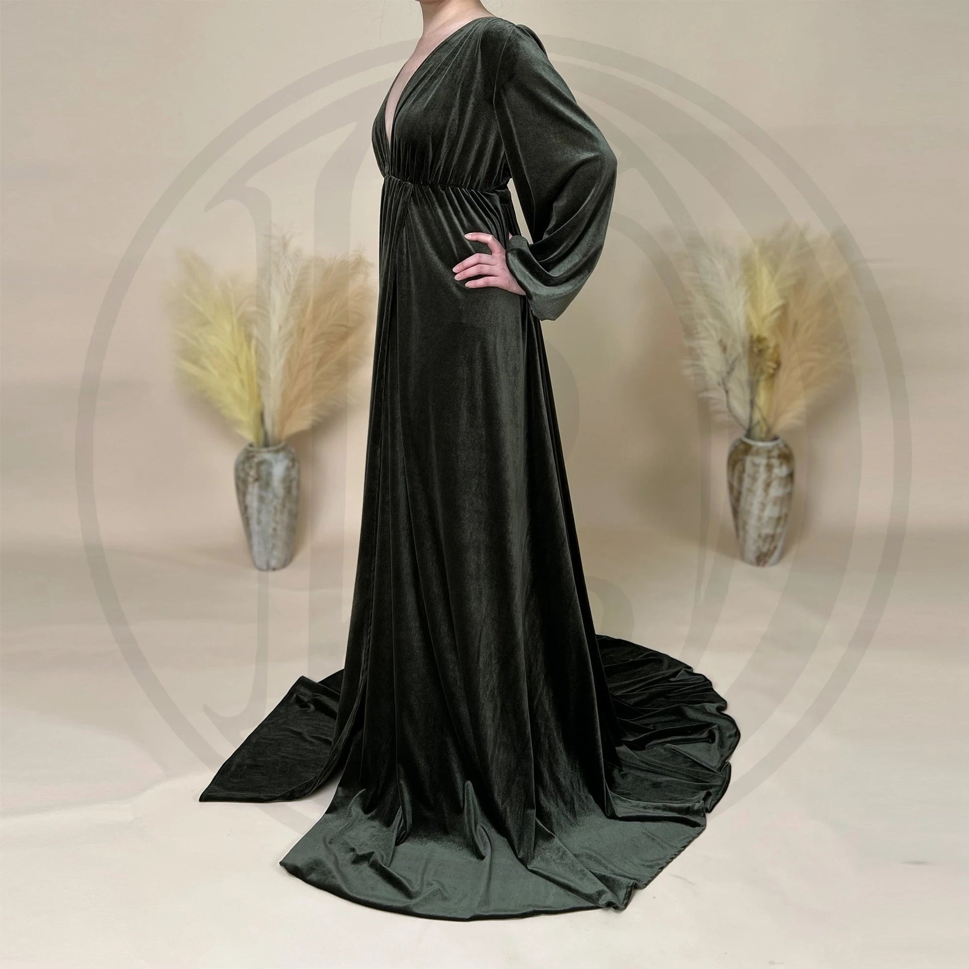 KMK - Deep V-neck Front Slit Velvet Maternity Gown