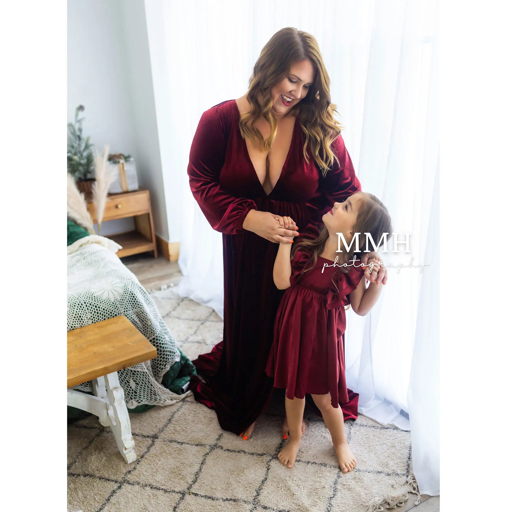 KMK - Deep V-neck Front Slit Velvet Maternity Gown