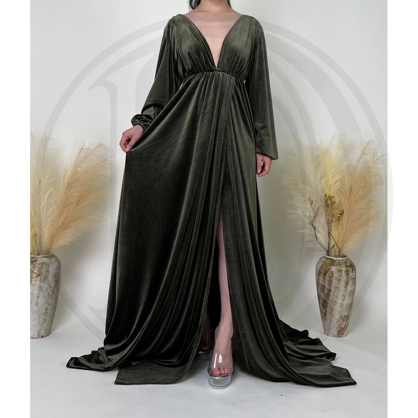 KMK - Deep V-neck Front Slit Velvet Maternity Gown