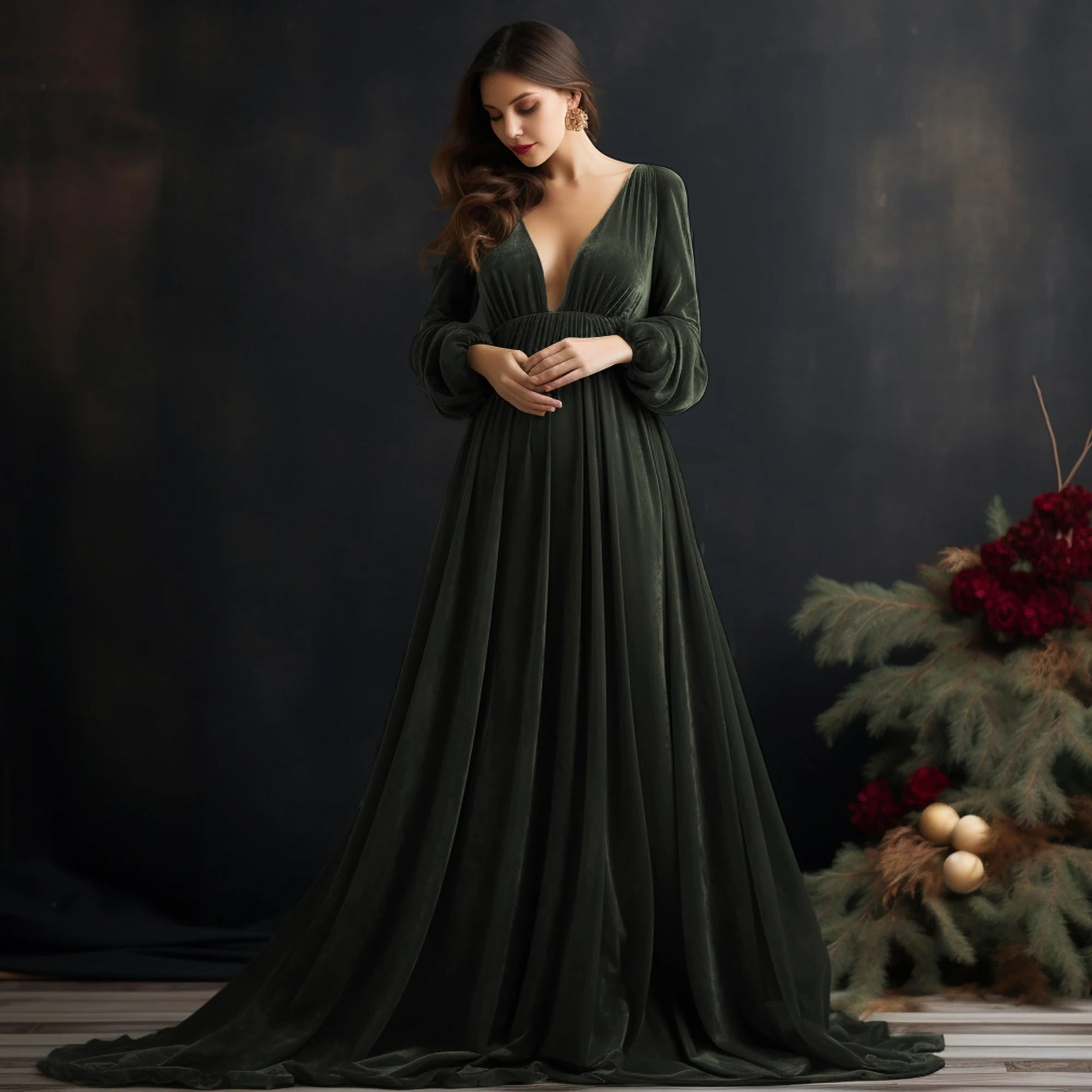 KMK - Deep V-neck Front Slit Velvet Maternity Gown