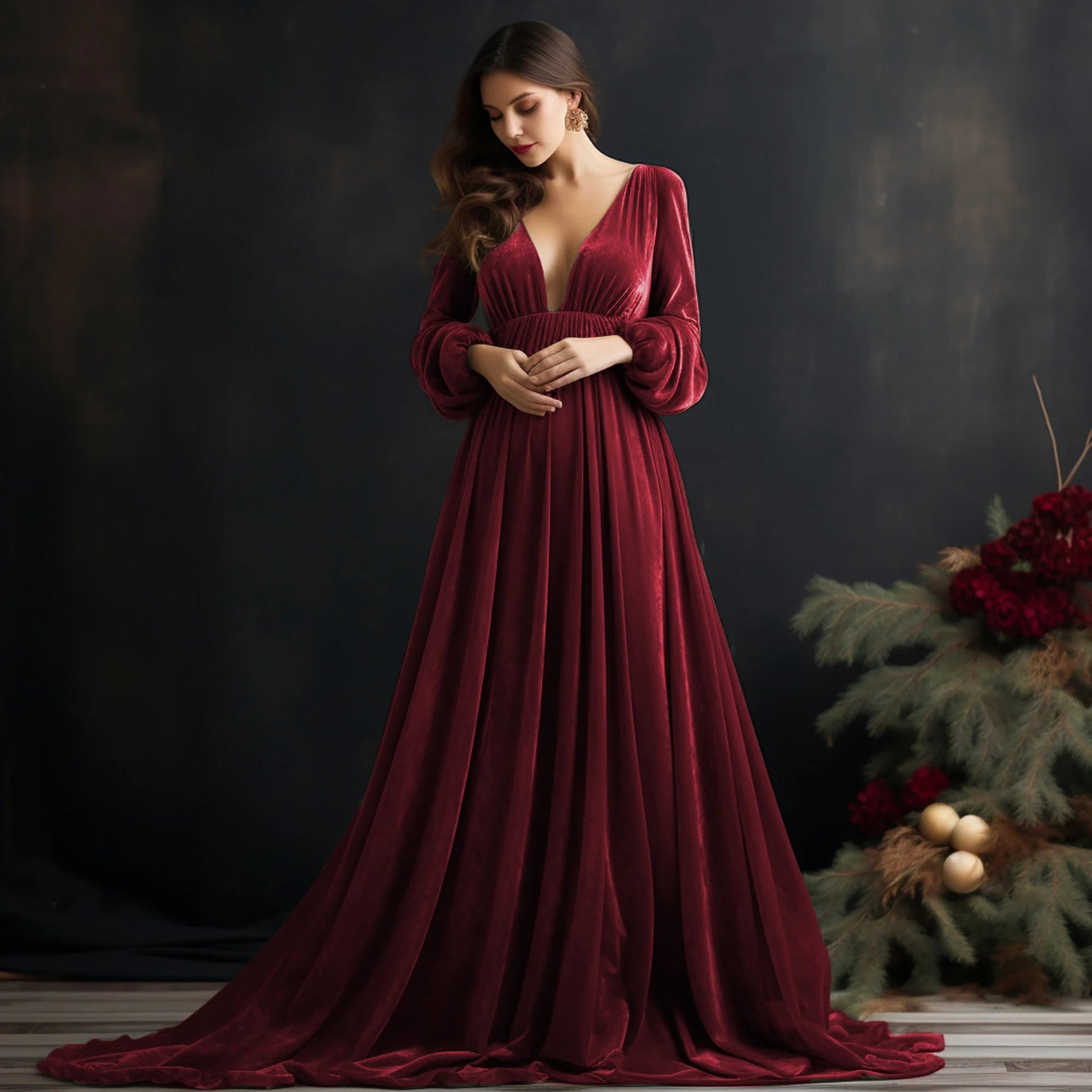 KMK - Deep V-neck Front Slit Velvet Maternity Gown