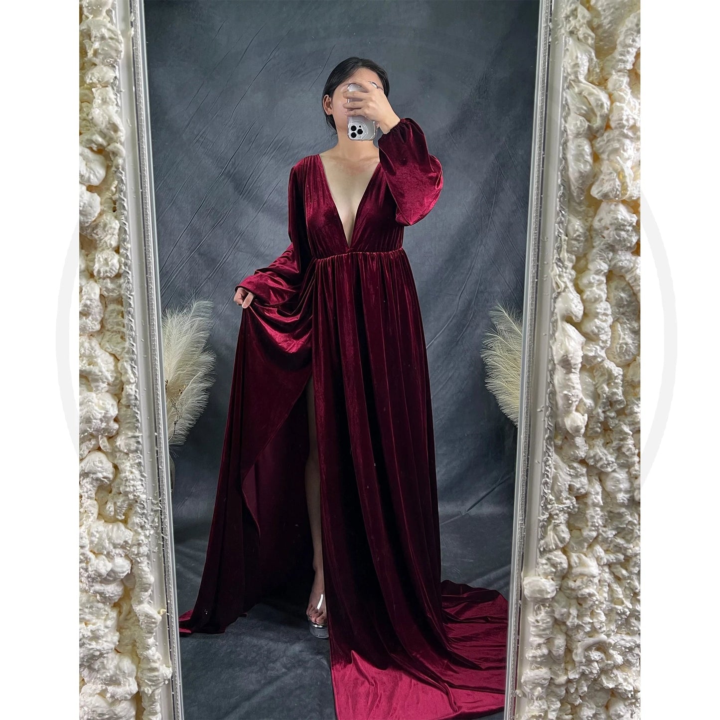 KMK - Deep V-neck Front Slit Velvet Maternity Gown