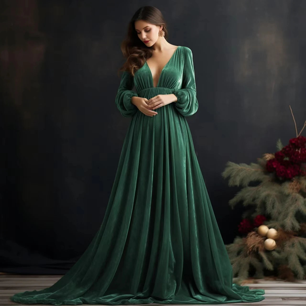 KMK - Deep V-neck Front Slit Velvet Maternity Gown