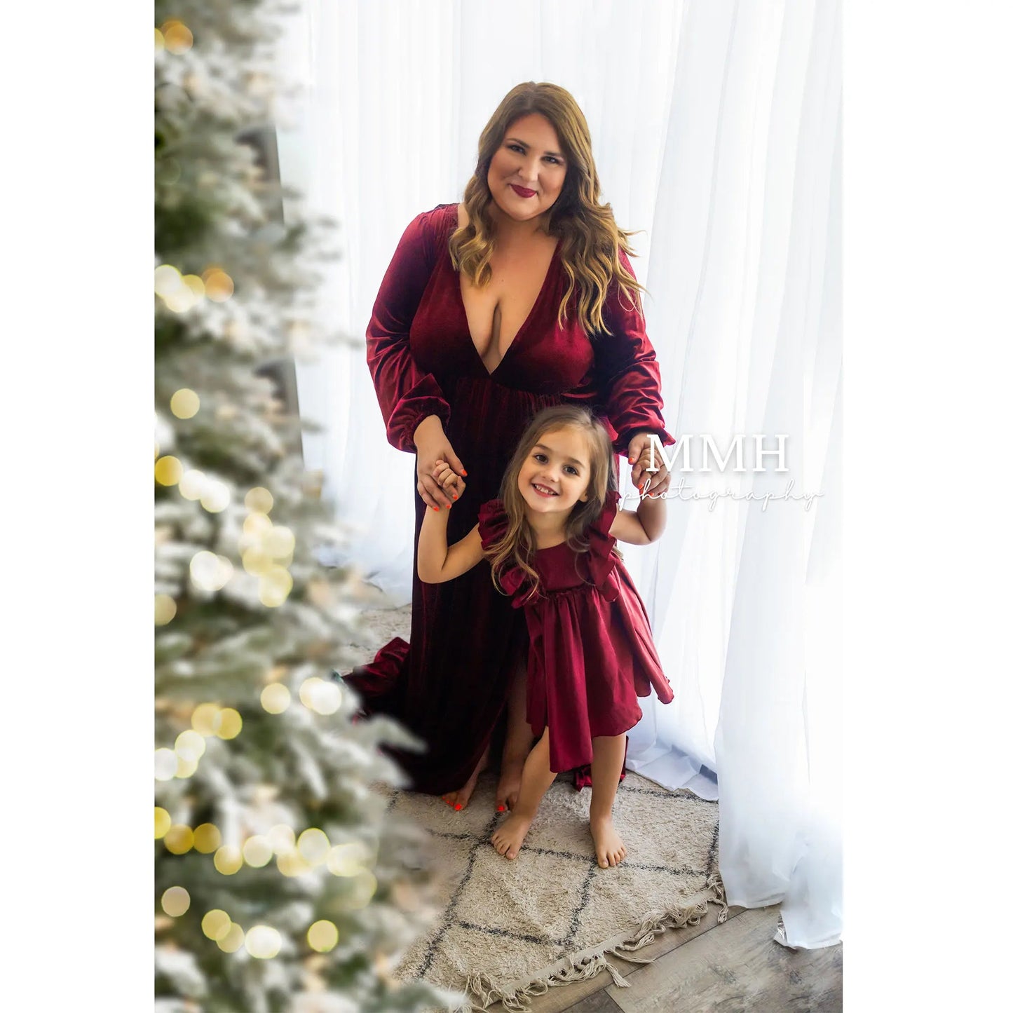 KMK - Deep V-neck Front Slit Velvet Maternity Gown