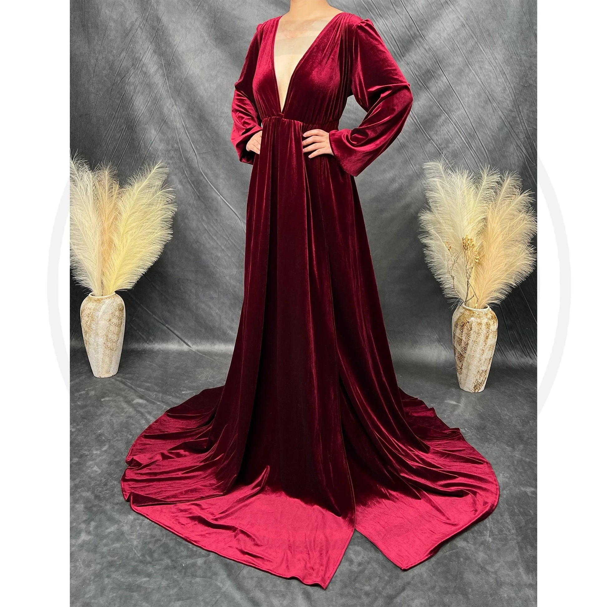 KMK - Deep V-neck Front Slit Velvet Maternity Gown