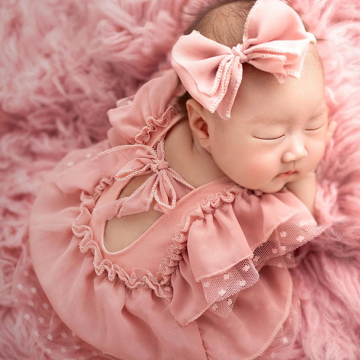 KMK - Dusty Pink Chiffon Newborn Romper + Bow Headband