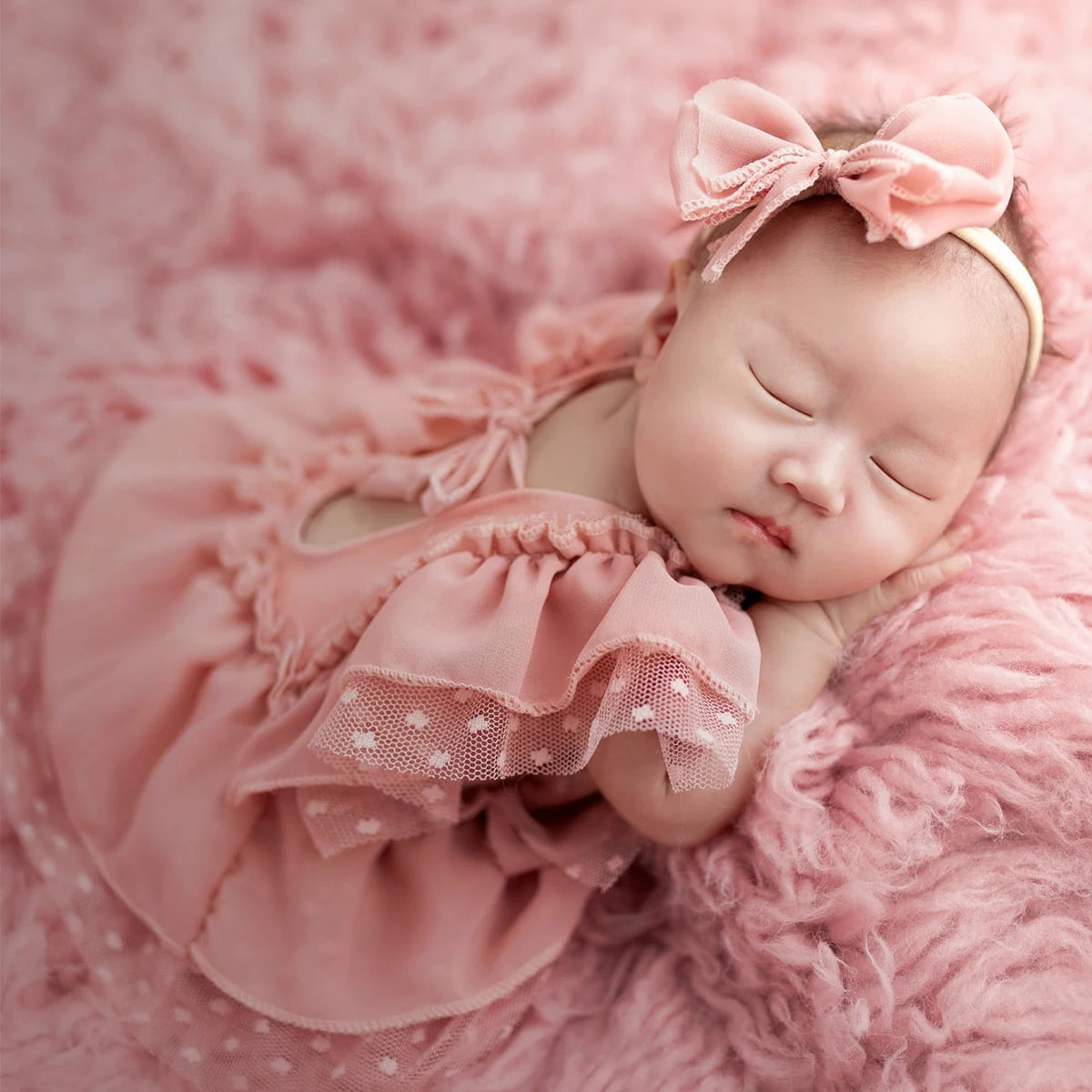 KMK - Dusty Pink Chiffon Newborn Romper + Bow Headband