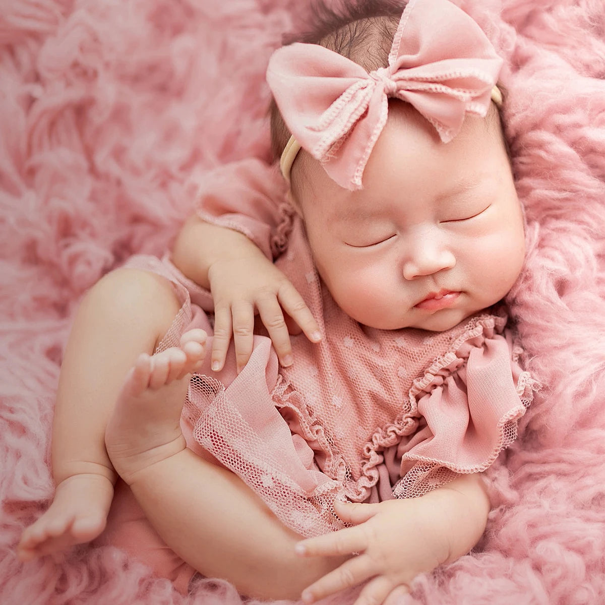 KMK - Dusty Pink Chiffon Newborn Romper + Bow Headband