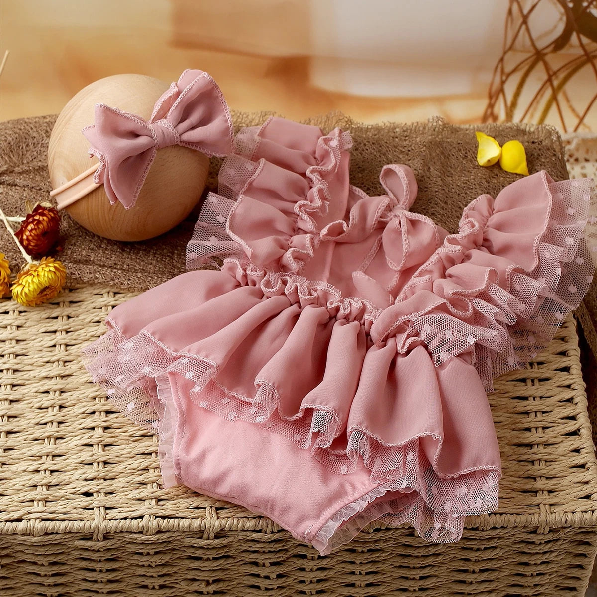 KMK - Dusty Pink Chiffon Newborn Romper + Bow Headband