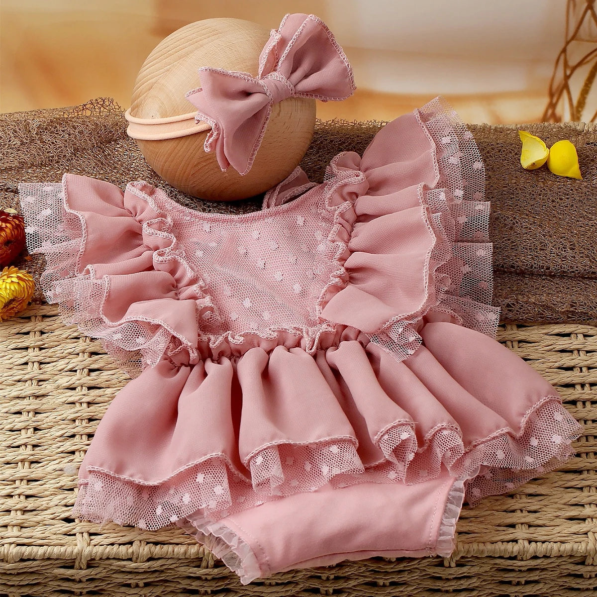 KMK - Dusty Pink Chiffon Newborn Romper + Bow Headband