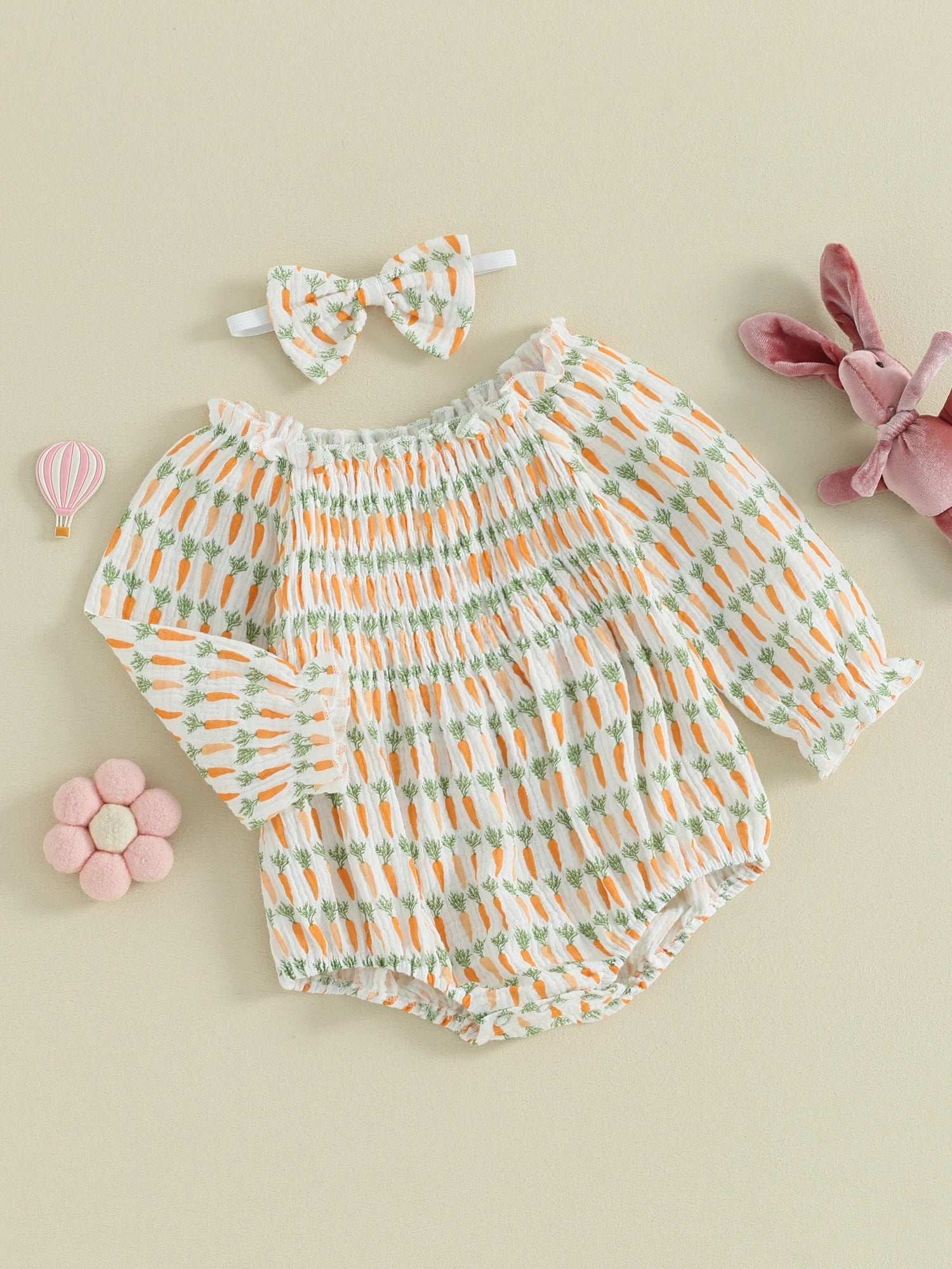 KMK - Easter Carrot Print Long Sleeve Loose Romper with Headband