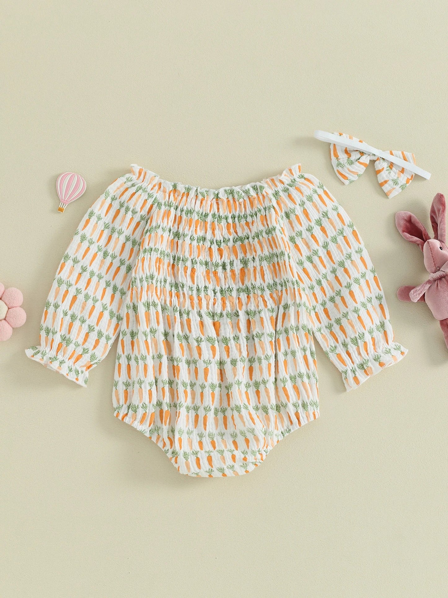 KMK - Easter Carrot Print Long Sleeve Loose Romper with Headband