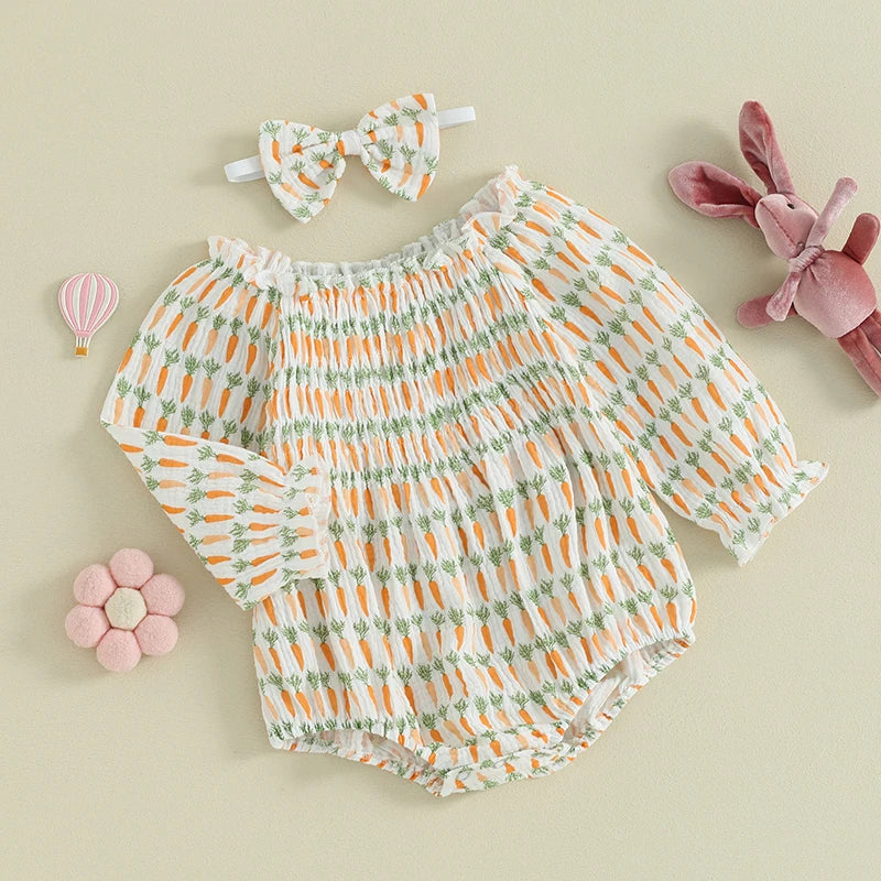 KMK - Easter Carrot Print Long Sleeve Loose Romper with Headband