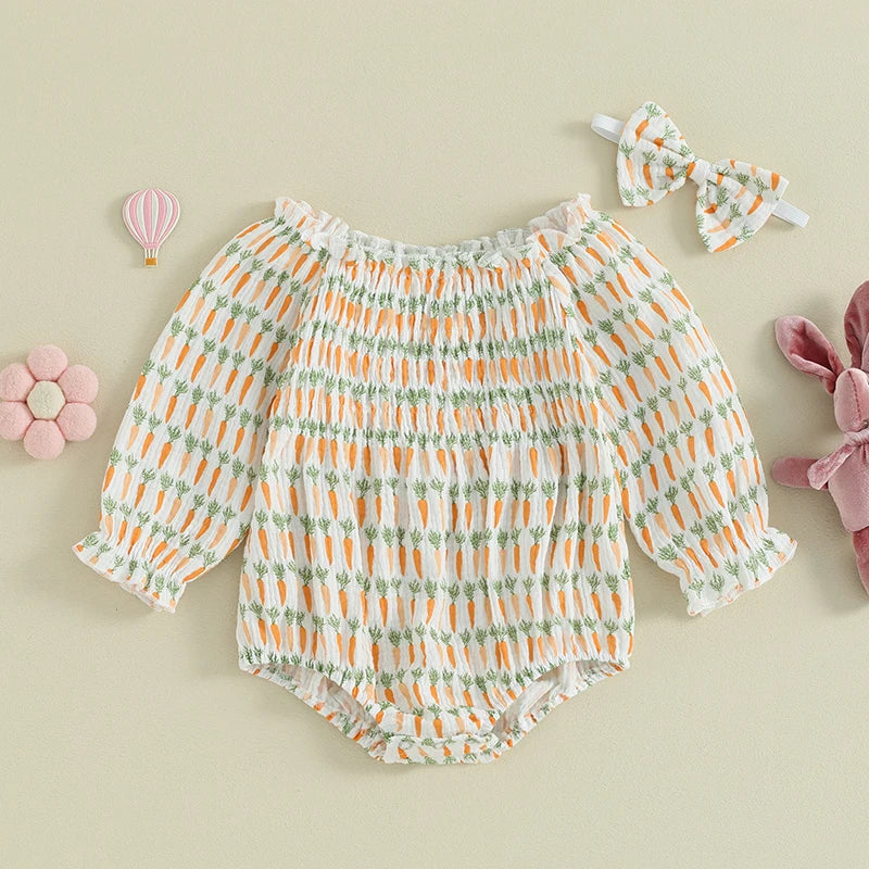 KMK - Easter Carrot Print Long Sleeve Loose Romper with Headband