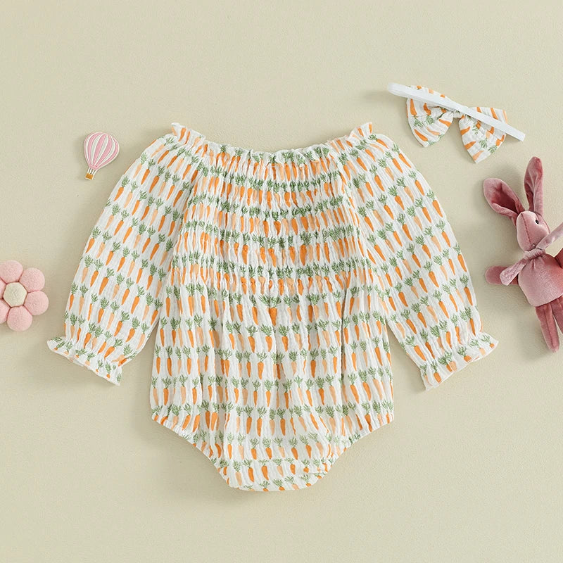 KMK - Easter Carrot Print Long Sleeve Loose Romper with Headband