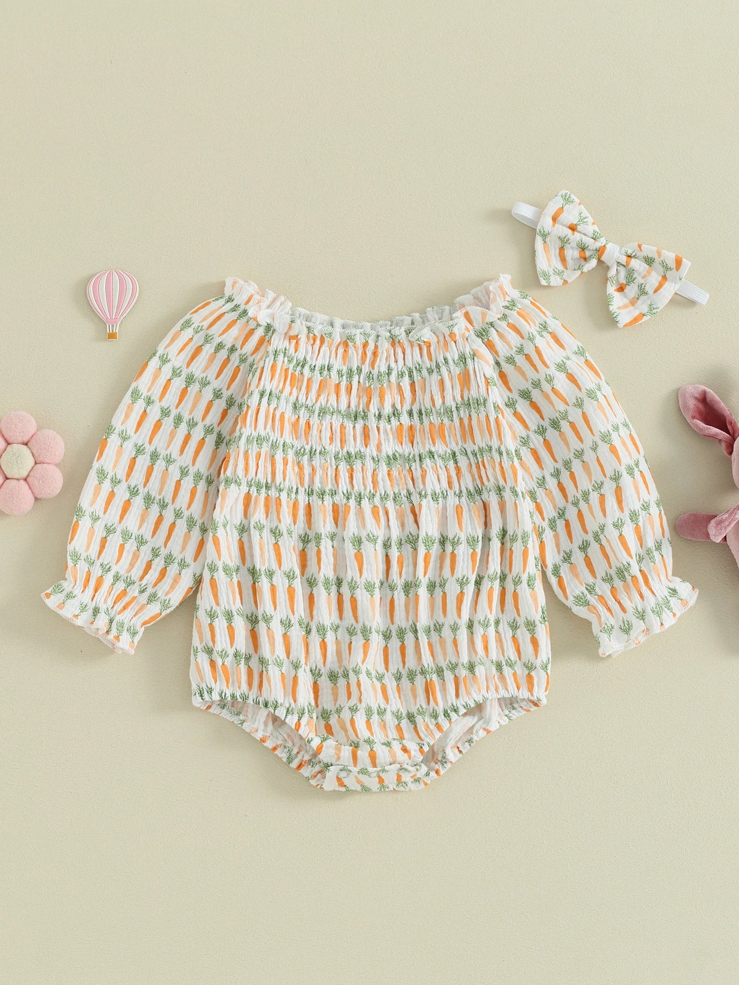 KMK - Easter Carrot Print Long Sleeve Loose Romper with Headband