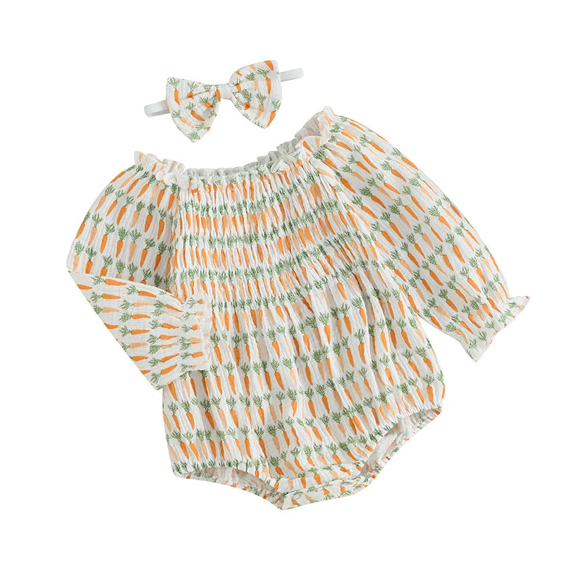 KMK - Easter Carrot Print Long Sleeve Loose Romper with Headband