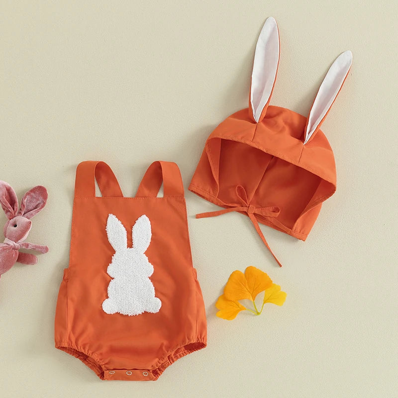 KMK - Easter Fuzzy Embroidery Sleeveless Orange Romper Set