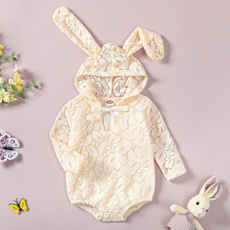 KMK - Easter Lace Bunny Ears Hooded Romper