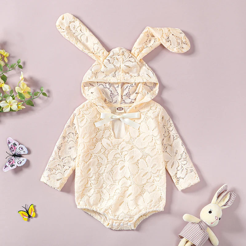 KMK - Easter Lace Bunny Ears Hooded Romper