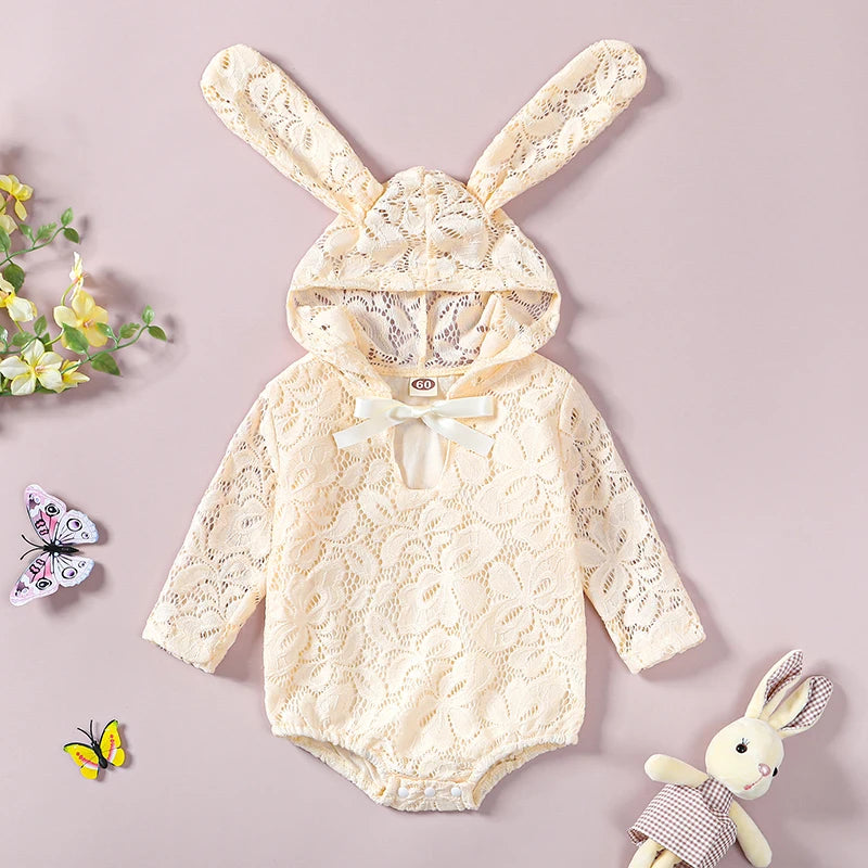 KMK - Easter Lace Bunny Ears Hooded Romper