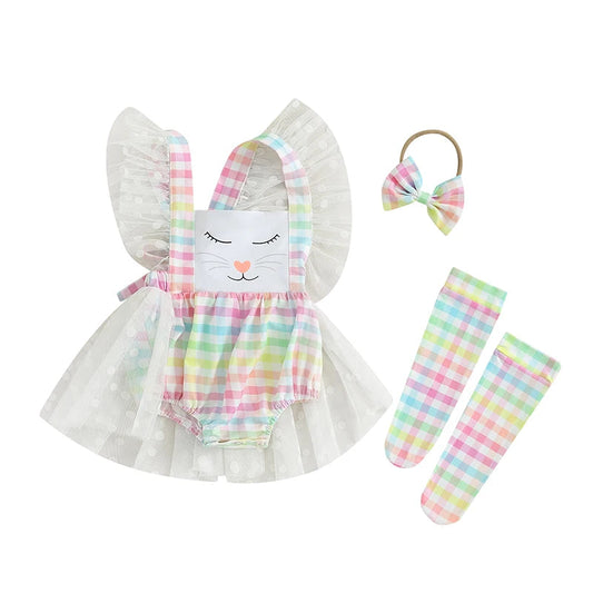 KMK - Easter Plaid Ruffle Mesh Romper or Dress + Headband + Socks Set