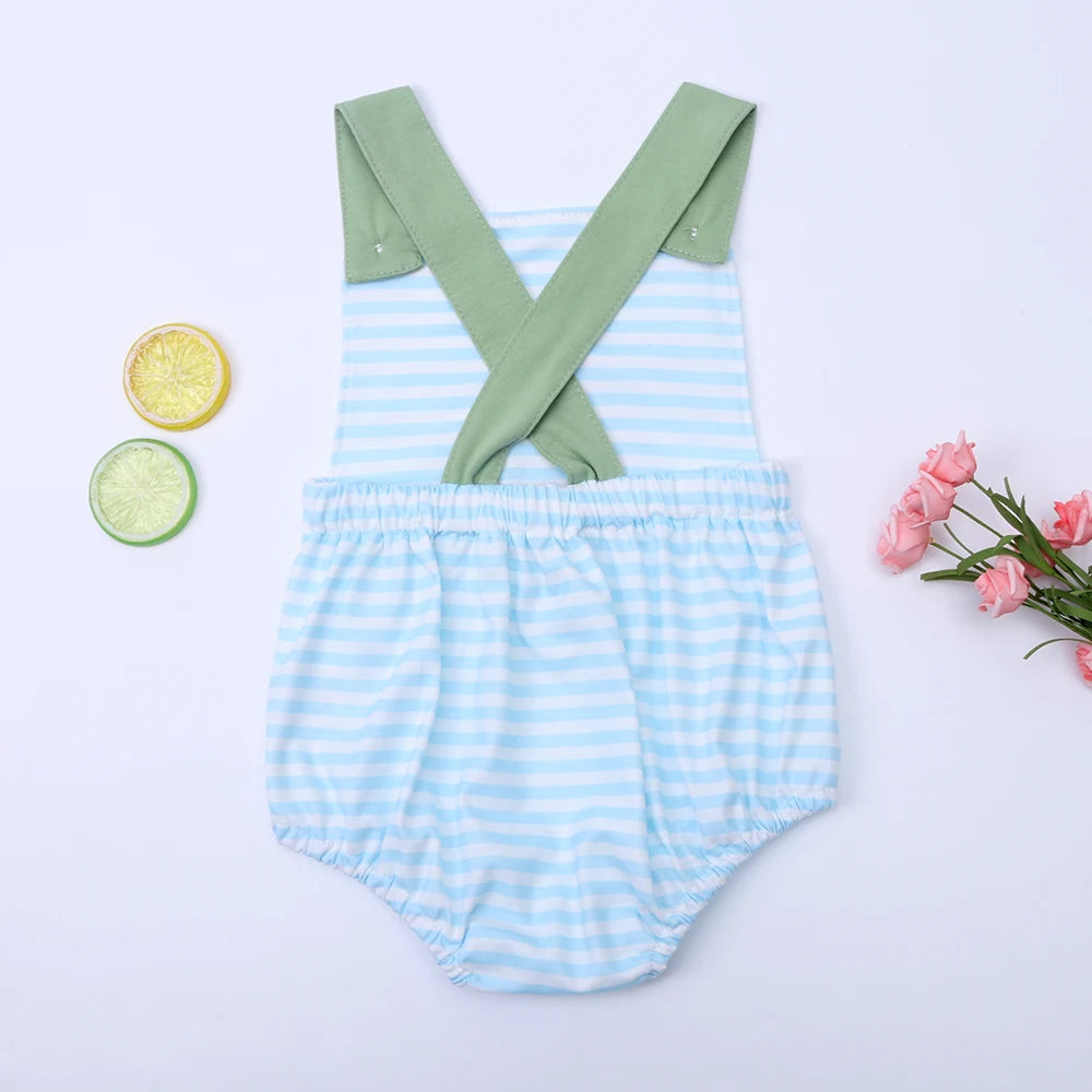 KMK - Easter Rabbit Embroidery Blue Striped Romper