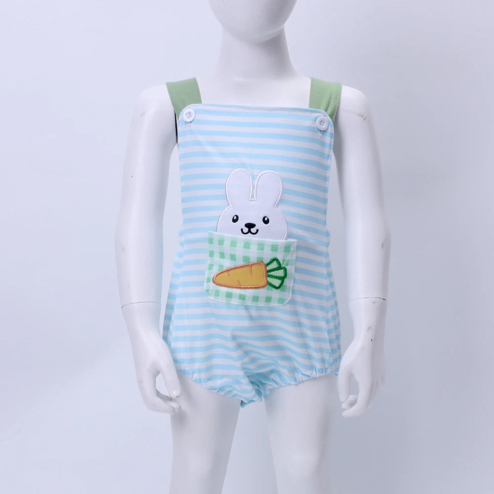 KMK - Easter Rabbit Embroidery Blue Striped Romper