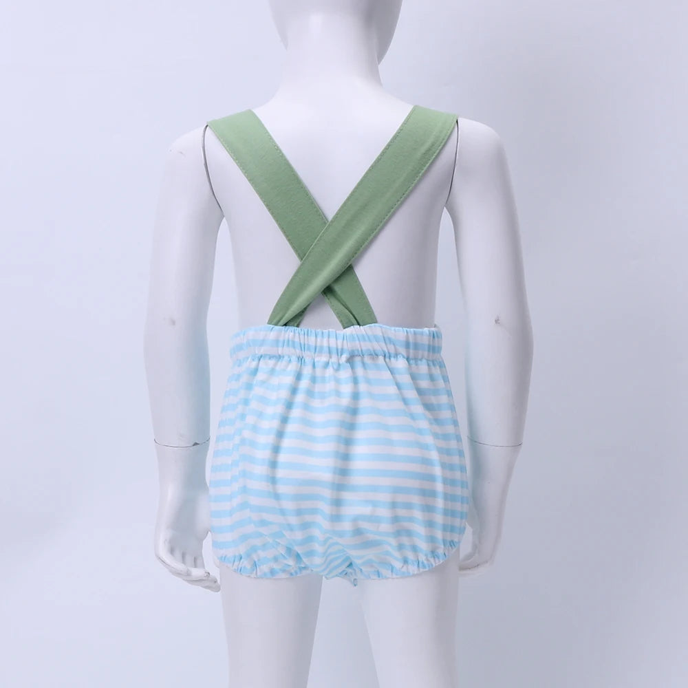 KMK - Easter Rabbit Embroidery Blue Striped Romper