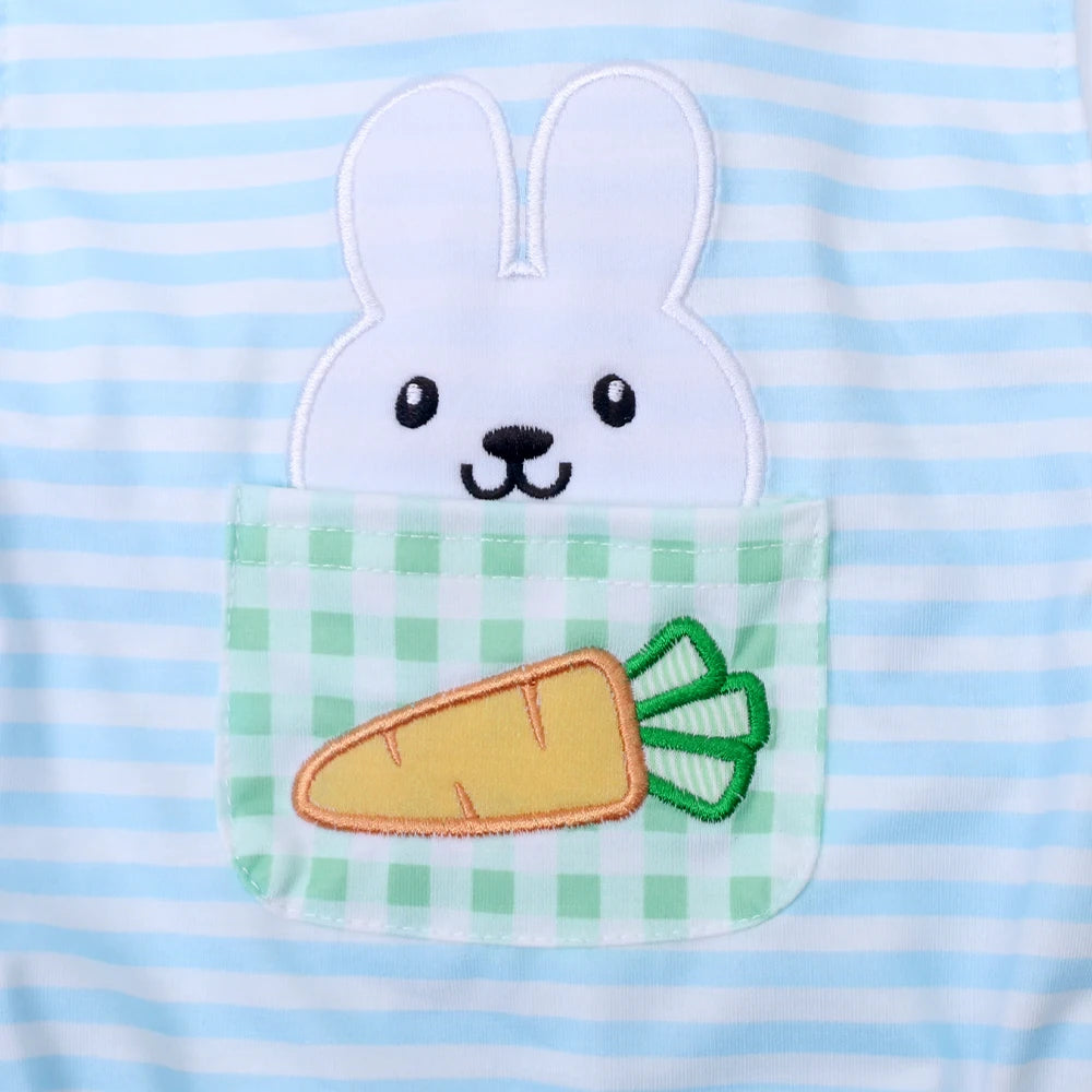 KMK - Easter Rabbit Embroidery Blue Striped Romper