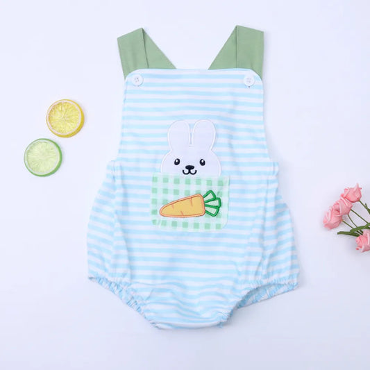 KMK - Easter Rabbit Embroidery Blue Striped Romper