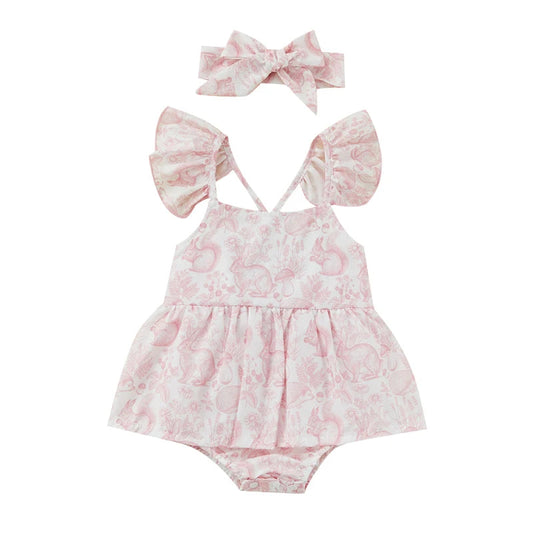 KMK - Easter Rabbit Sleeveless Ruffle romper or Dress + Headband