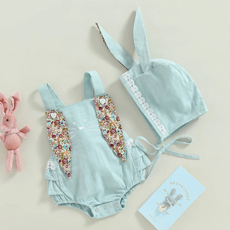 KMK - Easter Sleeveless Floral Bunny Ears Romper + Hat