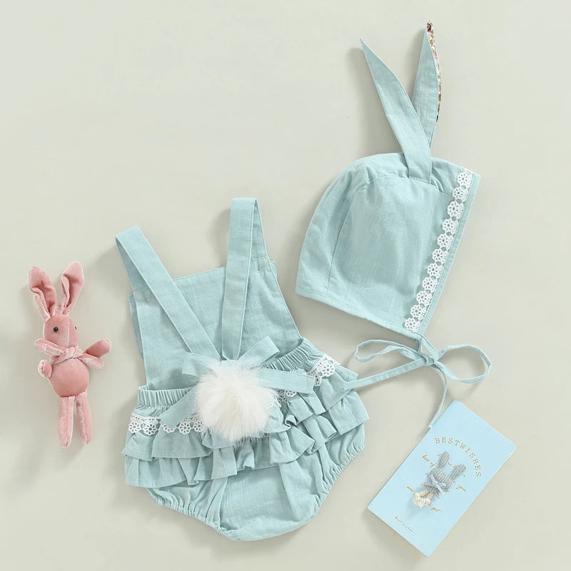 KMK - Easter Sleeveless Floral Bunny Ears Romper + Hat