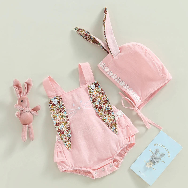 KMK - Easter Sleeveless Floral Bunny Ears Romper + Hat