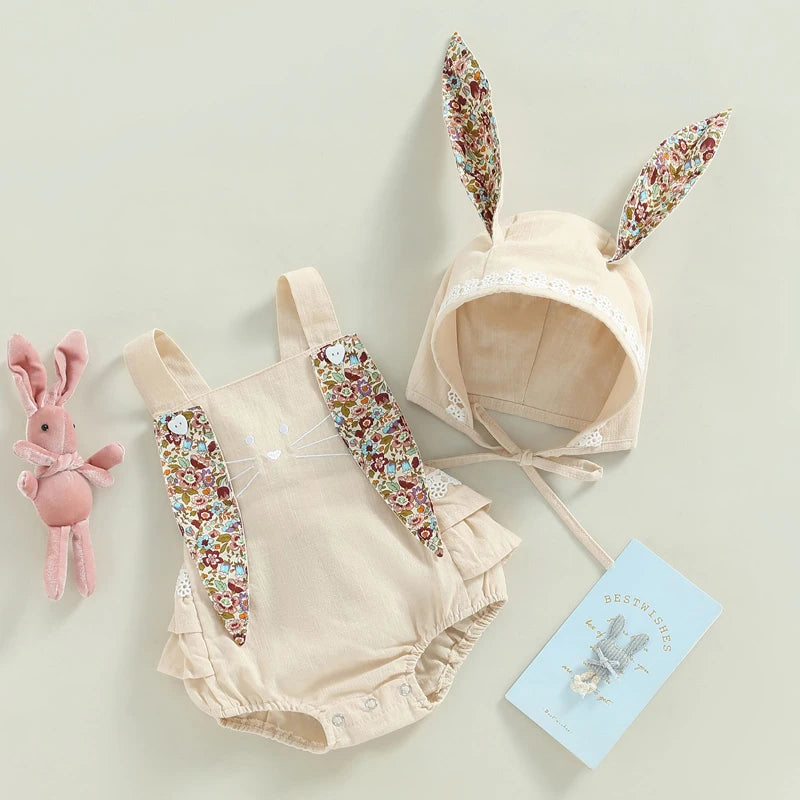 KMK - Easter Sleeveless Floral Bunny Ears Romper + Hat