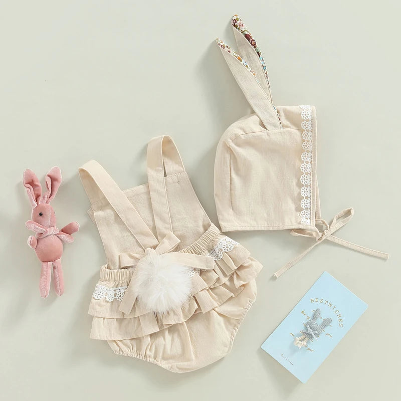 KMK - Easter Sleeveless Floral Bunny Ears Romper + Hat