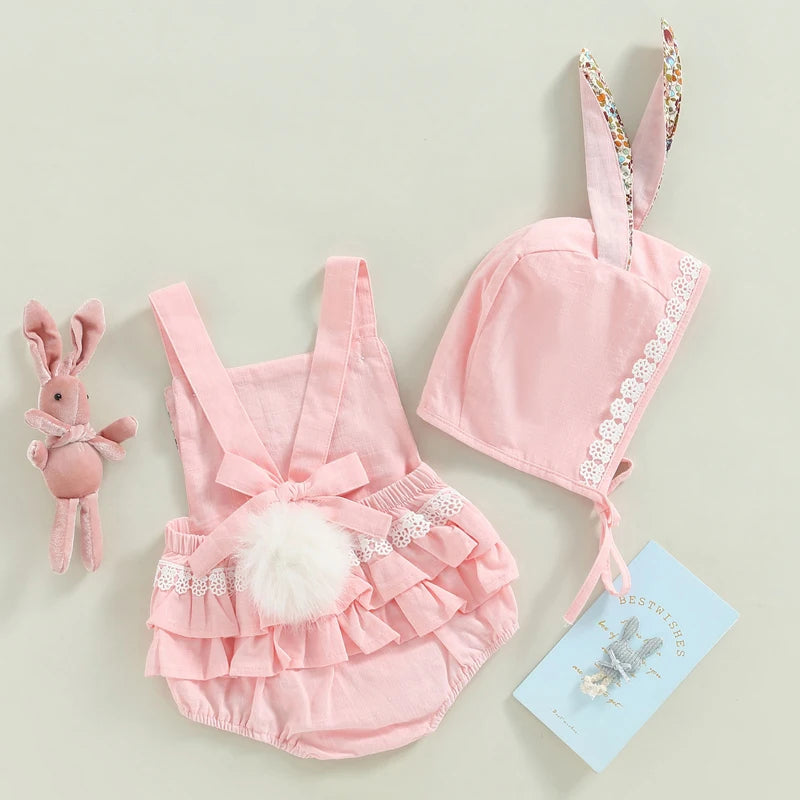 KMK - Easter Sleeveless Floral Bunny Ears Romper + Hat