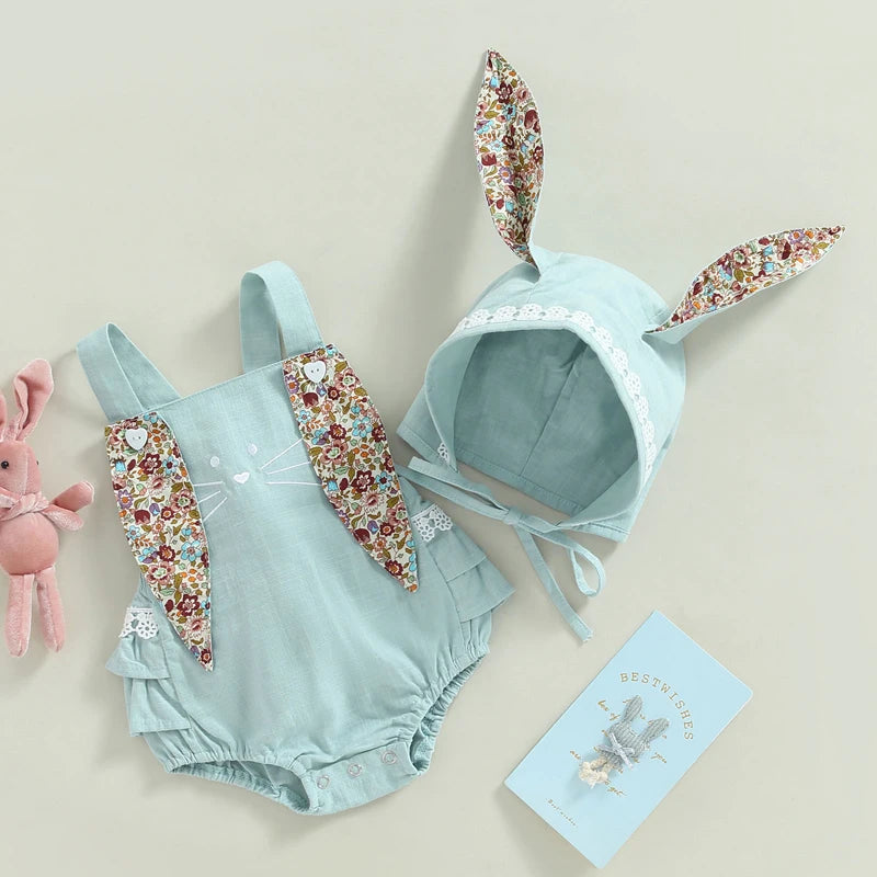 KMK - Easter Sleeveless Floral Bunny Ears Romper + Hat