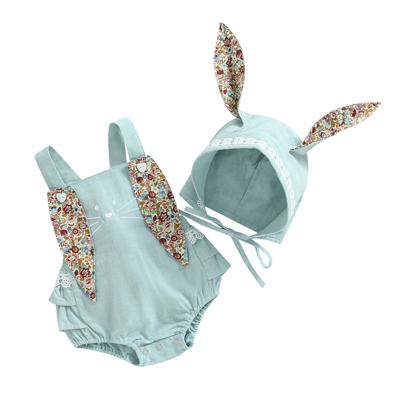 KMK - Easter Sleeveless Floral Bunny Ears Romper + Hat